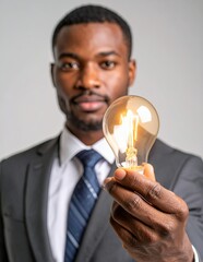 African American Businessman Holding a Glowing Light Bulb, Symbolizing Innovation and Bright Ideas.