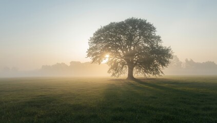 Obraz premium Morning fog over a farmland with a lone tree, suitable for nature scene backgrounds, World Environment Day