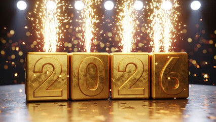Golden blocks displaying 2026 with sparklers reflecting bright future prospects representing new year hope for upcoming success
