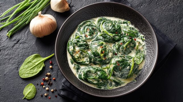 A bowl of creamed spinach sits on a dark surface. Fresh onions and green onions are nearby. The dish has a creamy texture and is garnished with spices.