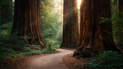 Redwood forest pathway with tall trees lining the route, highlighting conservation efforts