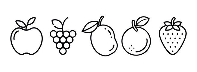 Fruit icons set with various healthy food options on transparent background