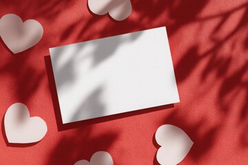 A blank card rests on a vibrant red fabric, surrounded by delicate pink hearts, perfect for Valentines Day.