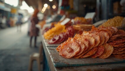 Variety of vibrant fish crackers laid out at a marketplace, highlighting regional snack trade