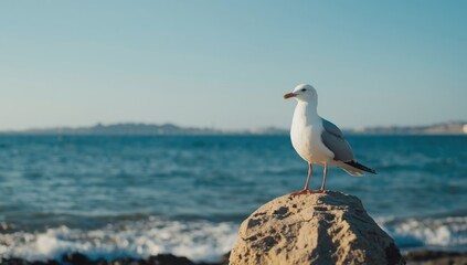 Seagull standing on a coastal rock amid water and sky, illustrating beachside bird habitat, World Bird Day