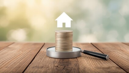 Coins and business icon on wooden surface with magnifying glass, focusing on asset management and economic growth