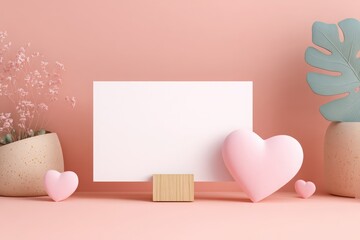 A blank card surrounded by pink hearts and greenery on a soft pink background, perfect for Valentines Day.