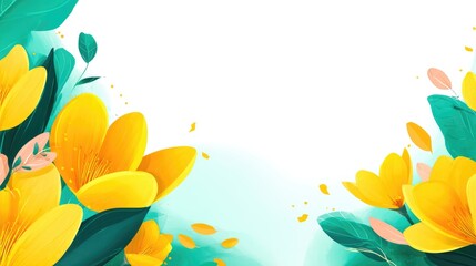 Bright Yellow Floral Illustration Background With Green Leaves and Copy Space