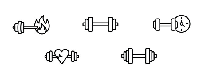 Collection of fitness dumbbell icons in line art style on transparent background