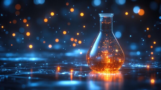 Digital laboratory flask icon with glowing data symbolizes the integration of ai into scientific experimentation and data analysis.