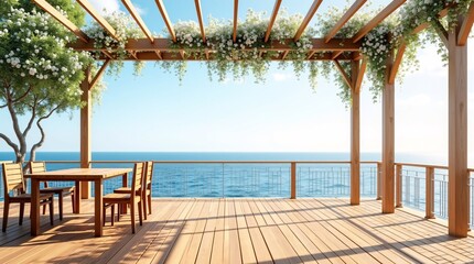 A sunlit wooden patio, shaded by a flower-draped pergola, holds a dining set&mdash;overlooking a bright blue ocean, with dappled light and a breezy, serene coastal vibe.