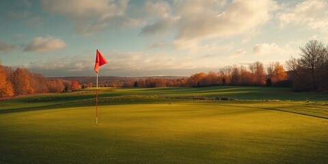 Scottish golf course in autumn featuring a vibrant green fairway and a red flag in the hole, seasonal change