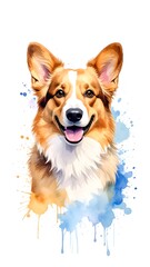 Fototapeta premium A happy, watercolor-style portrait of a smiling canine with brown and white fur and perky ears, featuring colorful splashes
