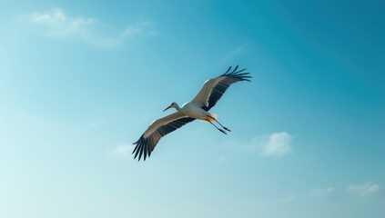 Fototapeta premium Recording of flying stork soaring above cityscape, natural light highlighting feathers, birdwatching activity, World Birding Day