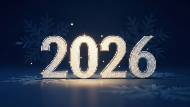 Happy new year 2026 celebration design with silver sparkle numbers and snowflake shape in dark blue backdrop upcoming holiday