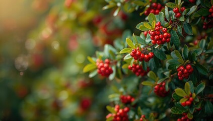 Obraz premium Cotoneaster plant featuring red berries in a garden setting, focusing on natural preservation, Earth Day