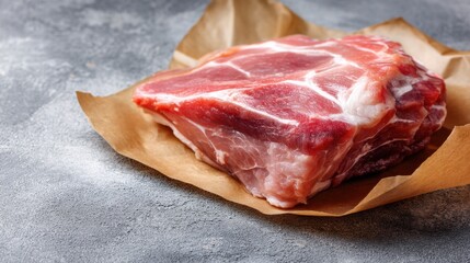 A pork shoulder cut is placed on a sheet of brown paper. The piece of meat shows marbling and fresh surfaces. It is positioned on a grey background. This cut is suitable for various cooking methods.