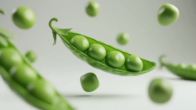 Floating green peas and pea pods against a light gray background with a shallow depth of field.