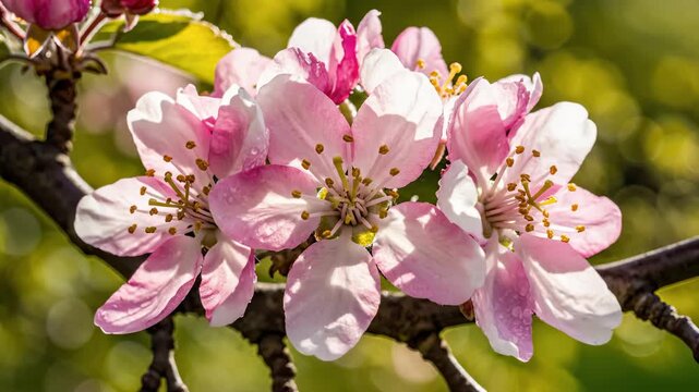 Blossoming Pink and White Crab Apple Flowers on a Branch in Spring