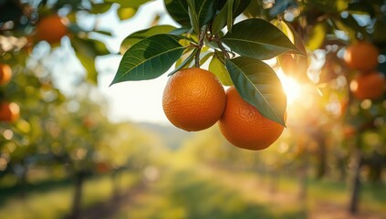 Oranges growing on a tree in a farm orchard, highlighting fruit development in spring, natural landscape, and seasonal fruit production