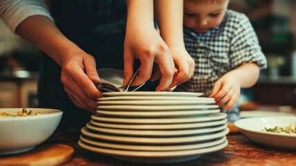 Family helping stack plates