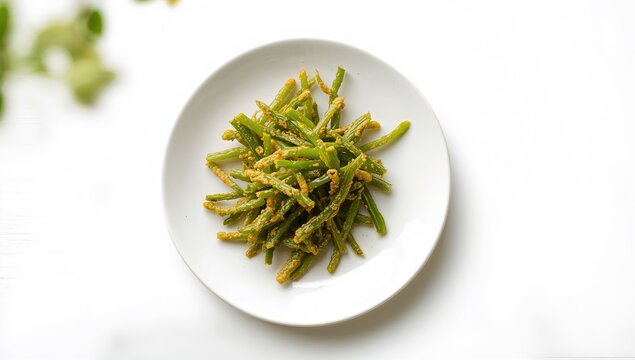 Green fried string beans isolated on white surface, highlighting natural ingredients and preparation methods