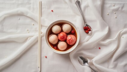 Rice dumplings with sweet syrup and dried longan pulp, highlighting festive culinary presentation