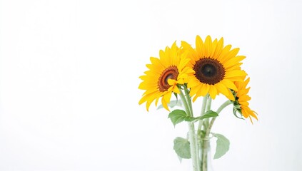 Obraz premium Single sunflower with vibrant yellow petals against a white backdrop, suitable for botanical or nature-themed layouts, Earth Day