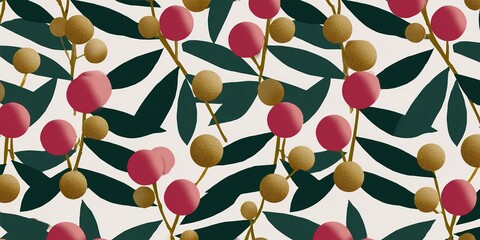 Bright pattern of leaves and round shapes with red berries and golden circles on a white background