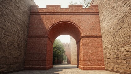 Obraz premium Granite stone and brick passage within a medieval castleâ€™s walls, emphasizing architectural stability