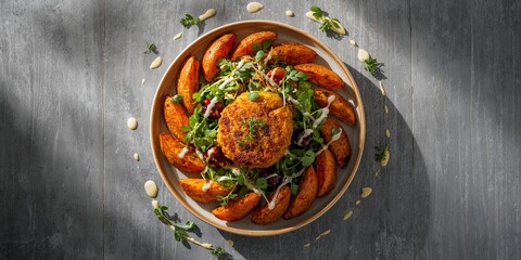 Plant-based protein dish featuring grilled meat alternatives, sweet potato fries, mixed greens, and white sauce, aimed at health-conscious eaters