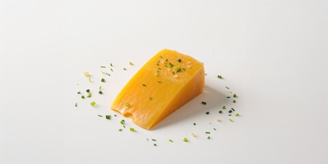 Herb-seasoned cheese cut on a white background, suitable for culinary layout use