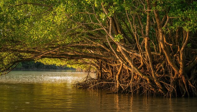 Fototapeta Coastal mangrove trees growing in a dense forest, providing habitat for wildlife, World Wetlands Day