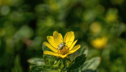 Closterotomus norwegicus feeding on euphorbia flower, highlighting insect-host interactions