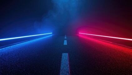 Neon blue and red lights mirrored on pavement at night, ideal for nightlife backdrop or UI interface