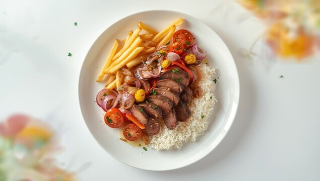 Peruvian dish Lomo saltado with beef tenderloin, purple onion, yellow chili, and tomatoes presented on a white plate alongside french fries and rice, food preparation safety