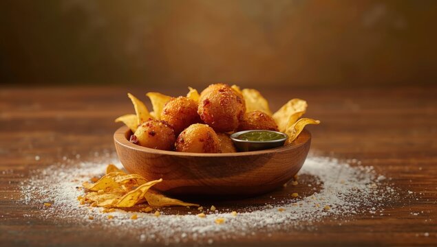 Potato cheese balls alongside crispy potato chips and colorful chutney, a focus on snack ingredients and condiments - Powered by Adobe