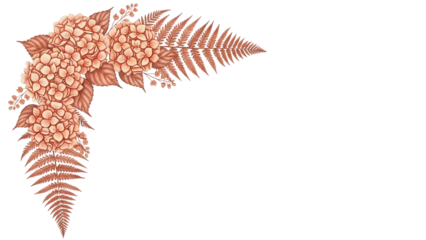 Luxury botanical watercolor corner border featuring hydrangeas and fern in terracotta tones isolated on white background