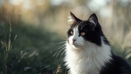 Fototapeta premium Black and white photograph of a mature cat outside, highlighting outdoor environment and feline posture