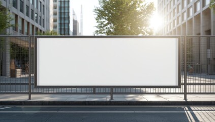 Obraz premium Wide empty advertising billboard with white space on a building facade, serving as a layout template for marketing visuals
