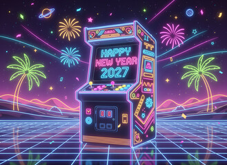 Retro arcade machine celebrating new year with fireworks and palm trees