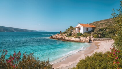 Scenic view of a volcanic island with pristine beaches and rocky terrain, emphasizing erosion concerns, Greece