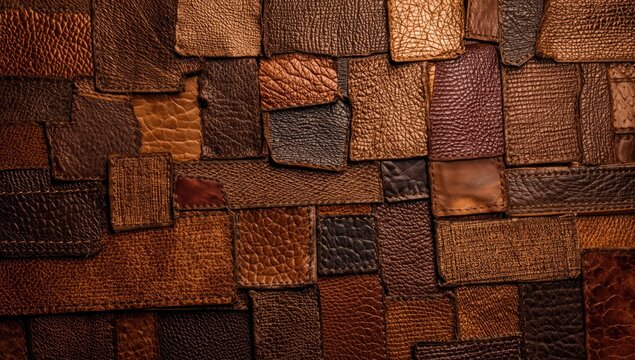 Leather patchwork with stitched edges creating a pattern for textile layout, Earth Day