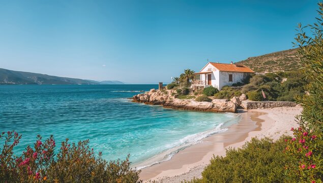 Scenic view of a volcanic island with pristine beaches and rocky terrain, emphasizing erosion concerns, Greece