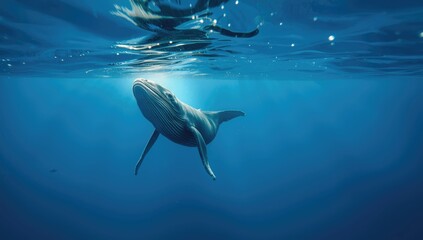Young humpback whale approaching the water surface in vibrant ocean environment, illustrating marine life behavior