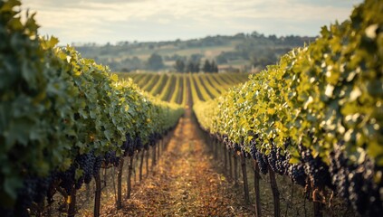 Naklejka premium Vineyard with nebbiolo grapes and lush foliage during September, focusing on harvest readiness in a UNESCO-listed wine area