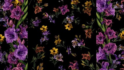 Pattern of purple and yellow gladiolus flowers on a black background suitable for editorial headers, Earth Day