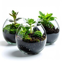 Three small, round glass terrariums, each filled with soil, moss, and small succulent or herb plants