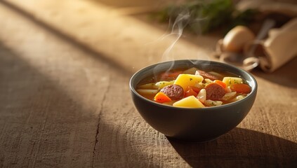 Fototapeta premium Vegetable and sausage cabbage soup featuring potatoes, onions, and carrots aimed at balanced diet planning, ideal for health-conscious meals