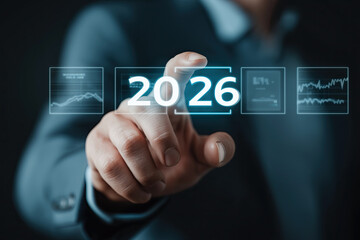A businessman activates futuristic holographic 2026 interface showing financial analytics.